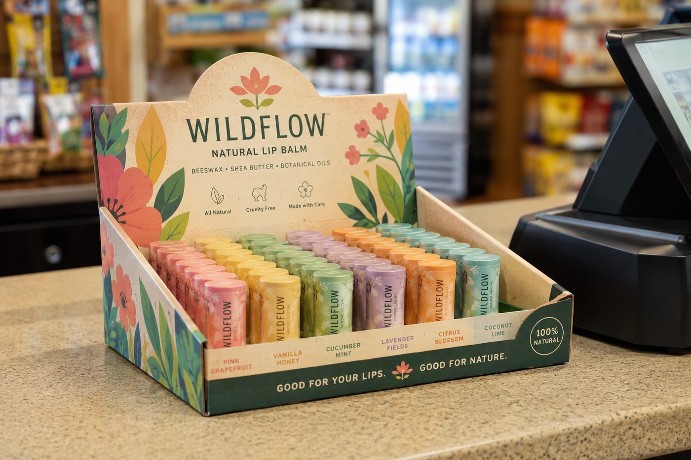 Custom low open counter display tray merchandising small goods at the point of sale