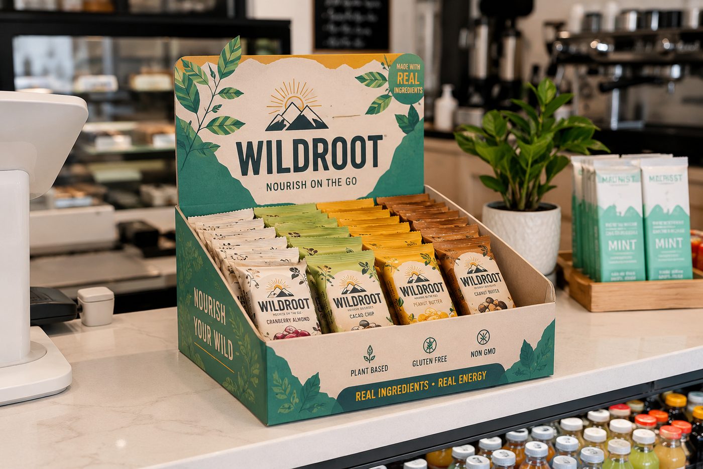 Custom-printed corrugated countertop display box with brand logo