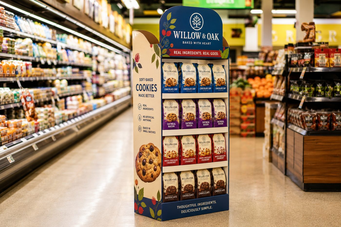 Custom branded corrugated floor display stand in a retail aisle