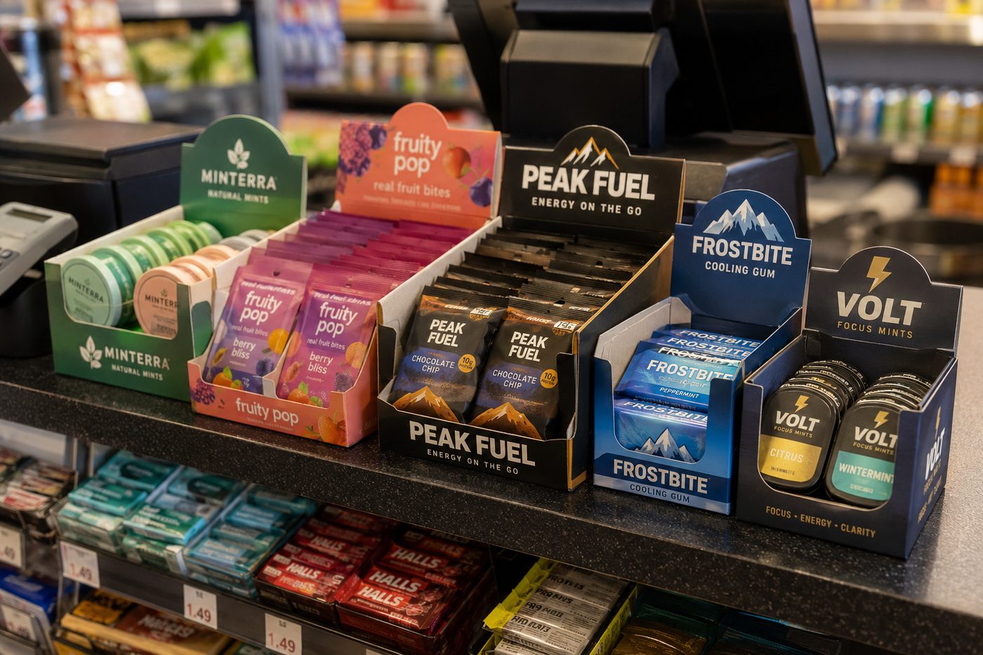 Custom countertop display boxes for a convenience store checkout