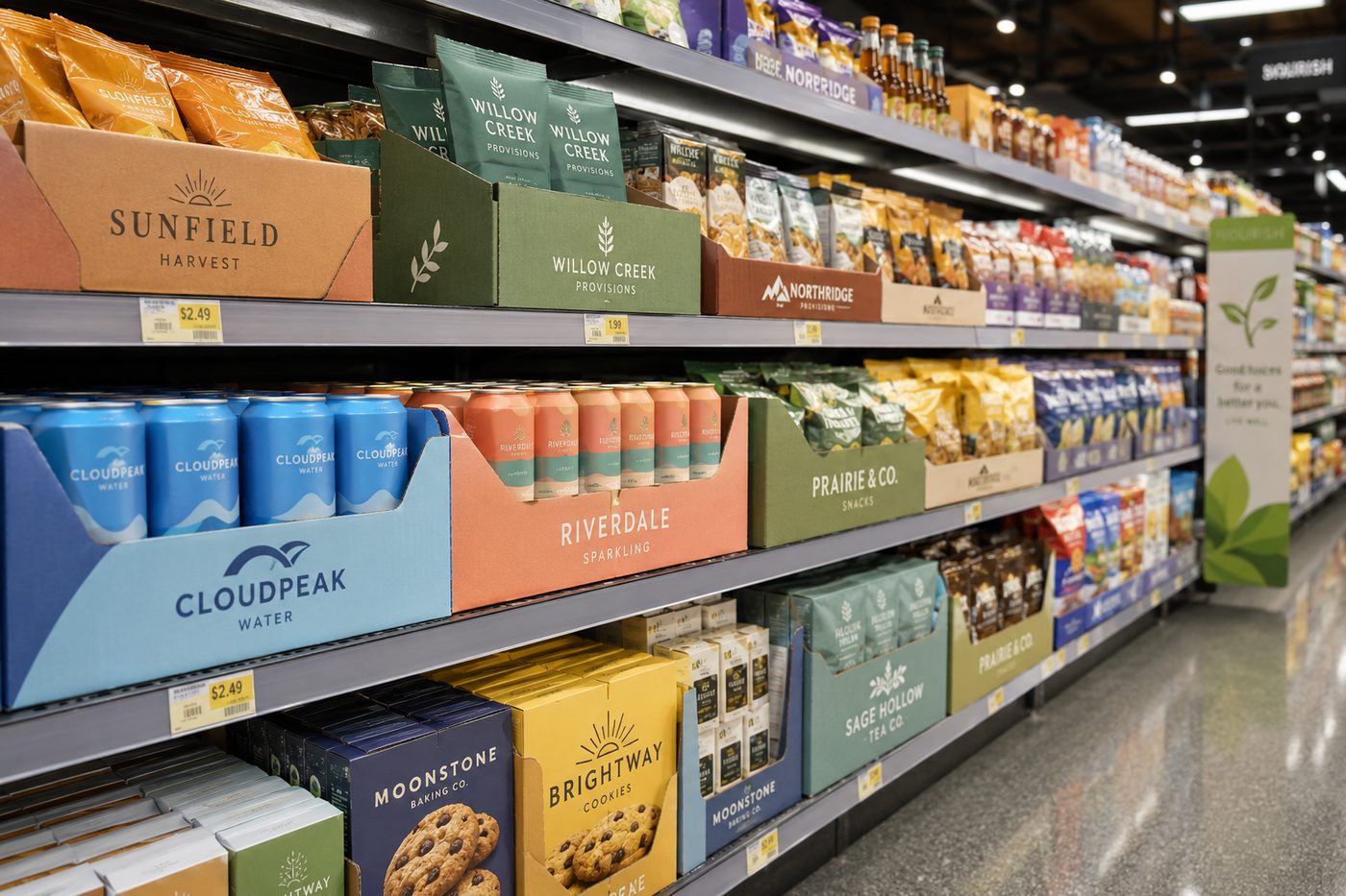 Custom branded display boxes for a retail and grocery store