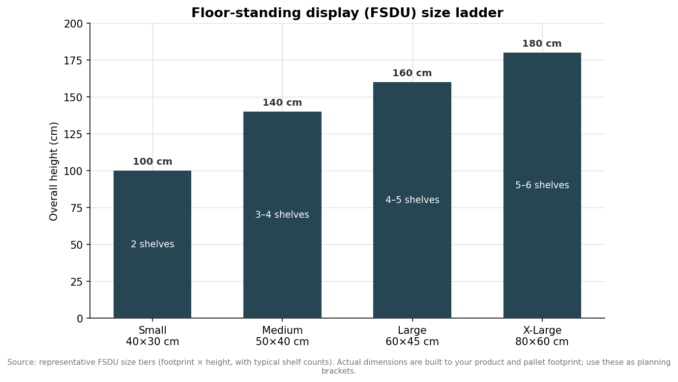 Bar chart of floor-standing display unit size tiers by height in centimeters with typical shelf counts
